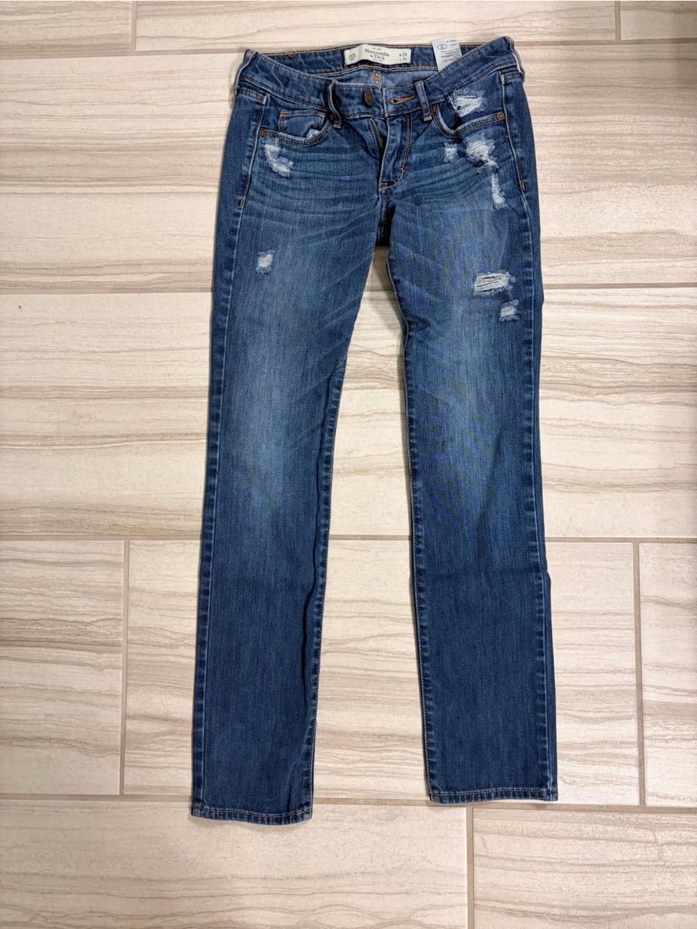 Abercrombie & Fitch Denim Jeans in Medium Blue with Gold Stitching